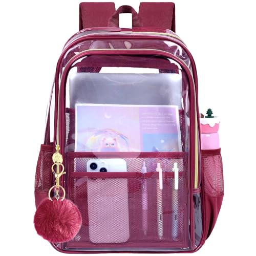 gxtvo Clear Backpack, Heavy Duty Transparent Bookbag, See Through Backpacks for Women Men | Heavy Duty - color: Chic Wine Red Clear Backpack