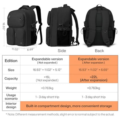 mixi Large Expandable Travel Laptop Backpack, Lightweight Durable College Bookbag Men Woman 15.6" Computer Bag, Water Resistant Outdoor Hiking Backpacks With Multifunction Pockets, Black - color: Black Expandable