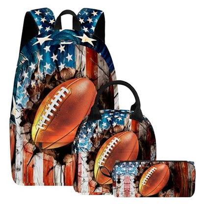 3PCS Backpack for Girls Boys,Teens Flag Football Back to School Backpack with Lunch Box Pencil Case, 17 Inch Lightweight Students Backpack 3 in 1 Set for Elementary Middle High School - color: American Flag Football