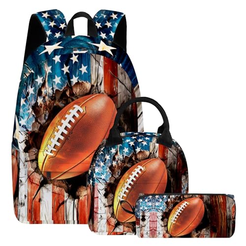 3PCS Backpack for Girls Boys,Teens Flag Football Back to School Backpack with Lunch Box Pencil Case, 17 Inch Lightweight Students Backpack 3 in 1 Set for Elementary Middle High School - color: American Flag Football