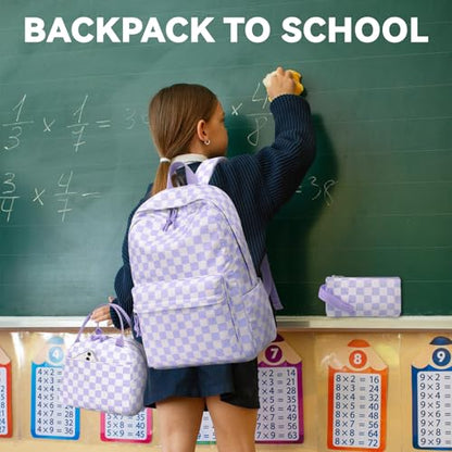 LEDAOU Backpack for Girls School Bag Kids Bookbag Teen Backpack Set Daypack with Lunch Bag and Pencil Case | Kids - color: Purple Checkered