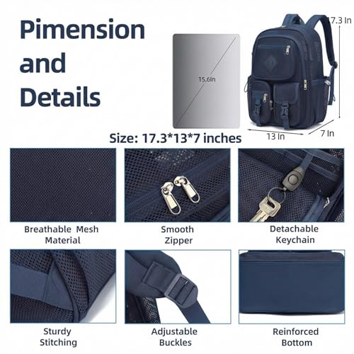 Mesh Backpack for Boys, Women Girls Mesh Bookbags Heavy Duty Semi-Transparent School Bag Net Back Pack for Travel, Beach, Swimming, Work - Navy Blue - color: Navy Blue