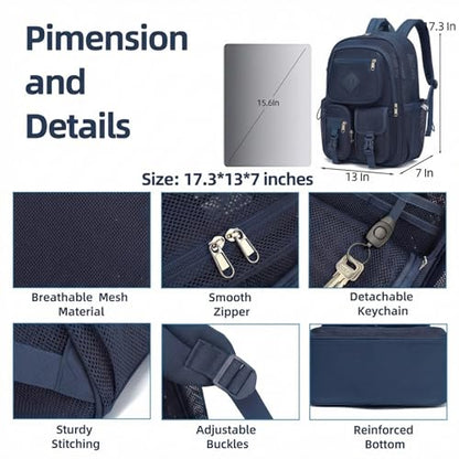 Mesh Backpack for Boys, Women Girls Mesh Bookbags Heavy Duty Semi-Transparent School Bag Net Back Pack for Travel, Beach, Swimming, Work - Navy Blue - color: Navy Blue