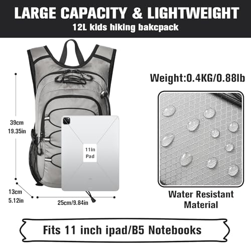12L Kids Hiking Backpack, Small Hydration Backpack, Waterproof Kids Camping Daypack 5-10, No Water Bladder… - color: Grey