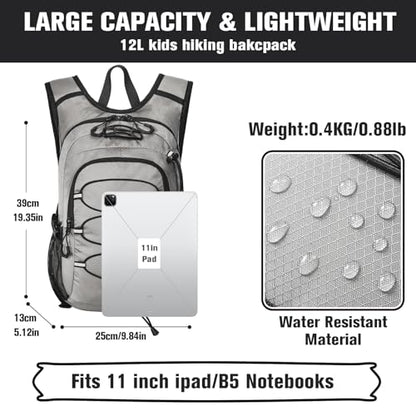 12L Kids Hiking Backpack, Small Hydration Backpack, Waterproof Kids Camping Daypack 5-10, No Water Bladder… - color: Grey