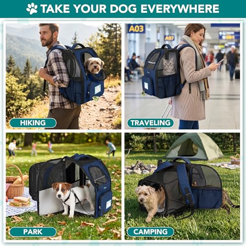 PetAmi Expandable Dog Backpack Carrier for Cats & Pets, Breathable Cat Carrier Backpack with Top Window & Multi-Entry, Ventilated Foldable Travel Carrier for Small Medium Pets up to 18 lbs, Navy - color: Navy