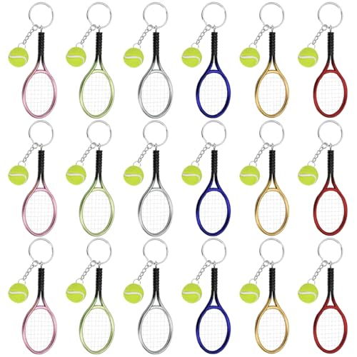 Tennis Keychain, Mini Racket & Ball Alloy Key Ring, Cute Backpack Ornament, Sport Team Gift for Men Women, 6 Colors - color: 18 Pack