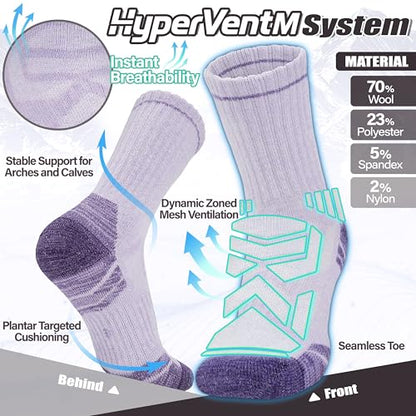 ANTSANG Merino Wool Hiking Socks, Enhanced Breathability, Targeted Cushion Thermal Socks for Men and Women, 5 Pairs - color: Pink/Purple, size: Large