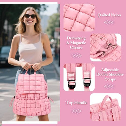 Quilted Puffer Backpack for Women Lightweight Soft Puffy Backpack Purse Casual Daily Drawstring Flap Daypack (Pink) - color: Pink