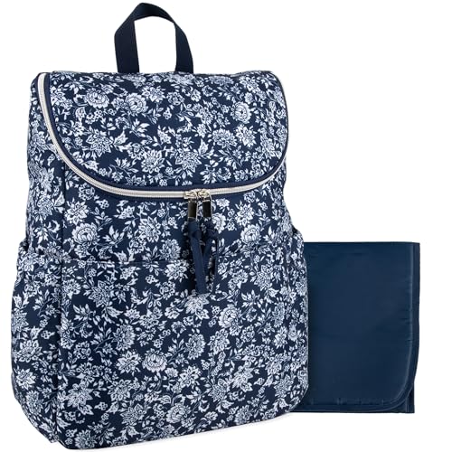 Multi-Function Floral Diaper Backpack and Travel Nappy Baby Bag with Changing Pad and Stroller Straps - color: Navy Blue Floral