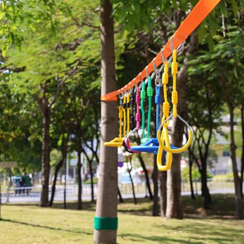 Multi-Color Ninja Rings & Monkey Bars - Adjustable Backyard Obstacle Course for Kids & Adults, Heavy-Duty Gymnastic Swing Rings, Ninjaline Slackline Training Kit (Blue) - color: Blue
