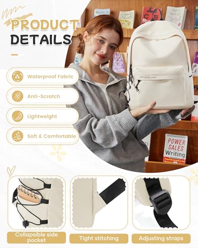 BJLFS Beige Backpack for School Women Girls, Waterproof Bookbag Cute High School Back Pack for Men Teen Boys, Lightweight Travel College Backpack Mochilas Escolares Para Casual Daypack Rucksack - color: White
