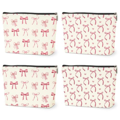 4PCS Pink Bow Makeup Bag, Coquette Preppy Cosmetic Bags Bow Gifts for Women Girls Pink Trendy Toiletry Bag Best Birthday Christmas Gifts for Girls Women Sister Travel Bags - color: Multicolor 0097