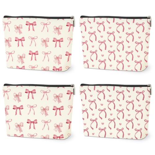 4PCS Pink Bow Makeup Bag, Coquette Preppy Cosmetic Bags Bow Gifts for Women Girls Pink Trendy Toiletry Bag Best Birthday Christmas Gifts for Girls Women Sister Travel Bags - color: Multicolor 0097