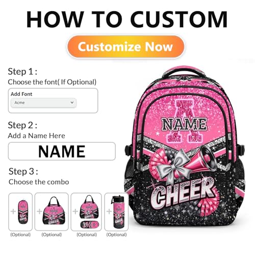 Custom Cheer Backpack with Initial, Glitter Cheerleading Backpack for Girls Cheerleader Gifts 17 Inch Bookbag for Elementary Middle School Travel - color: Pink