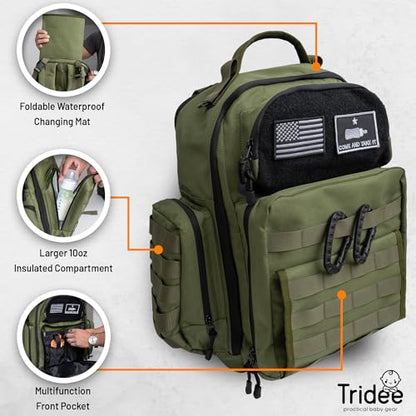 Green Dad Diaper Bag - Molle-Style Military Diaper Backpack Made of Rugged 900D Waterproof Polyester with Wider Extra-Long Straps, Dirty Diapers Pouch, Baby Wipes Dispenser & Insulated Bottle Pockets - color: Green