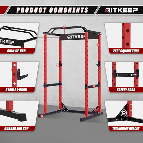 RitKeep RMAX 2250 Power Rack, 1200 lb Capacity Multi-Function Squat Rack and Weight Cage for Strength Training with Pull-Up Bar, Safety Bars, J-Hooks for Home Gym and Garage Gym - color: Red