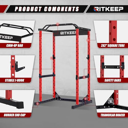 RitKeep RMAX 2250 Power Rack, 1200 lb Capacity Multi-Function Squat Rack and Weight Cage for Strength Training with Pull-Up Bar, Safety Bars, J-Hooks for Home Gym and Garage Gym - color: Red