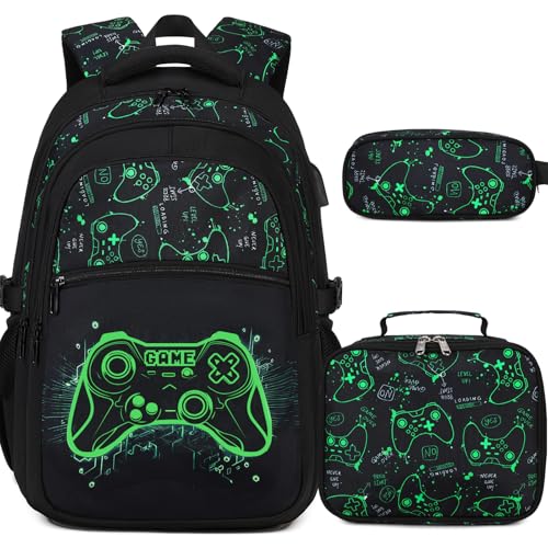 DIGOBAY Boys Backpack for School, 3PCS Cool Luminous Gamer Backpack for Boys with Lunch Box Pencil Case, Kids Backpacks Bookbag for Teen Boy Elementary Middle High School with USB Charging Port - color: Green