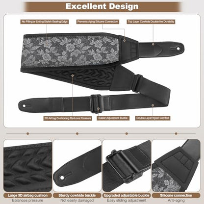 Guitar Strap and Bass Strap, Embroidered Guitar Strap, Adjustable Strap Length, Equipped with 3D Sponge Filled Foam Pad, Comes with 4 Picks + 2 Strap Locks, Best Gift for Guitar Players, Silver - color: Silver Embroidery