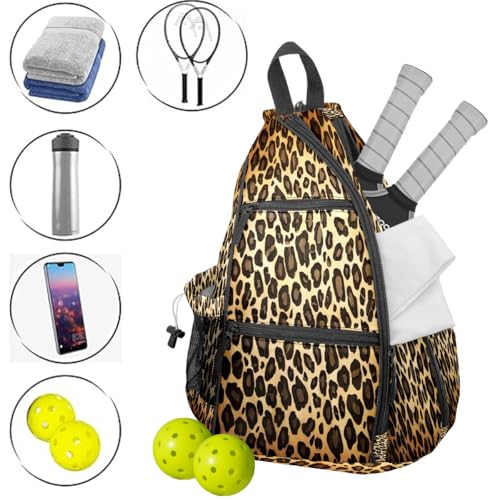 Pickleball Bag for Women & Men – Lightweight Sports Backpack with Paddle Compartments, Dual Carry Modes, Detachable Zippered Strap, Brown Leopard, Great Gift Option for Players - color: Brown