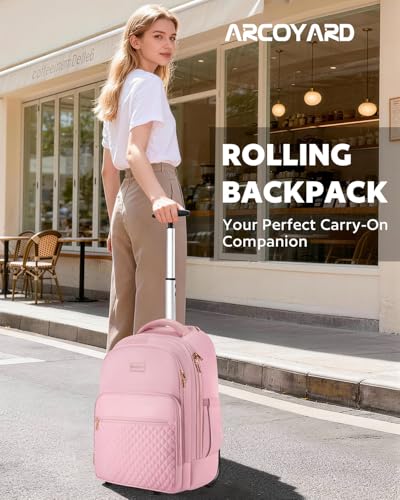 Arcoyard Rolling Backpack for Women, 17.3 Inch Travel Backpack with Wheels - color: Pink, size: 17.3-inch