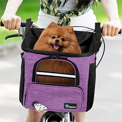 PetAmi Dog Bike Basket, Soft-Sided Ventilated Dog Bike Carrier Backpack, Pet Bicycle Basket for Bike Handlebar, Small Medium Puppy Cat Kitten Car Booster Seat with Safety Strap, Max 18 lbs, Purple - color: Purple
