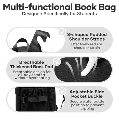 School Backpack for Girls Boys, 15.6 Inch Waterproof Travel Laptop Backpack for Women Men, Lightweight Durable College High School Book bag, Black