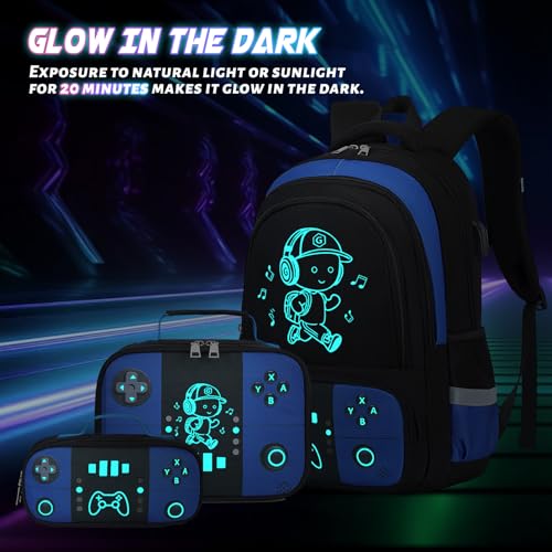 Bevalsa Backpack for School Boys, Cool Luminous Gamer Boys Schoolbag with Lunch Box & Pencil Case Set for Kids Teens Elementary Middle School, Bookbag Glow In The Dark(Blue School Backpack) - color: Blue School, style: Backpack