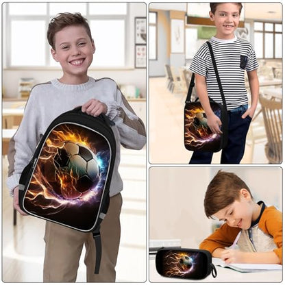 TILYTADLY School Backpack for Boys - 4pcs Soccer Boys Backpack with Lunch Box and Pencil Case for Kids Children Teens Elementary Middle School - Students Bag for Ages 6-18,17″Bookbag Travel Back Pack - color: Soccer-09-backpack Set
