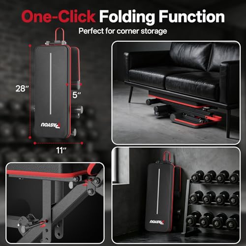 PASYOU Adjustable Weight Bench, 660LB Capacity Foldable Workout Bench, Incline Flat Bench Press for Home Gym, Dual-Frame Strength Training Bench, No Assembly Required, Wider Seat - color: Red