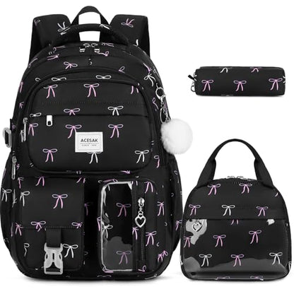 ACESAK Backpack for Girls - Girls Backpack with Lunch Bag & Pencil Pouch for Teen Kids Laptop Backpack for Women, Elementary Middle High School Bookbag Travel Daypack (Black Bow) - color: Black Bow