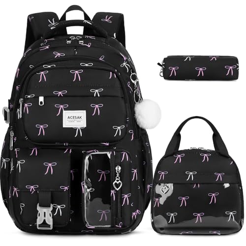 ACESAK Backpack for Girls - Girls Backpack with Lunch Bag & Pencil Pouch for Teen Kids Laptop Backpack for Women, Elementary Middle High School Bookbag Travel Daypack (Black Bow) - color: Black Bow