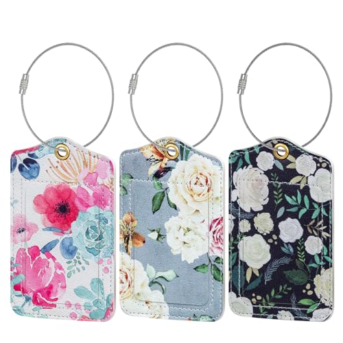 Fishent Luggage Tag, 3 Pack Travel Cruise Luggage Tags for Suitcases, Cute Suitcase Tags Identifiers Bag Tags with Privacy Flap, Baggage Name Tag for Women Men Luggage Backpack Handbag School Bag - color: K_graceful Flowers