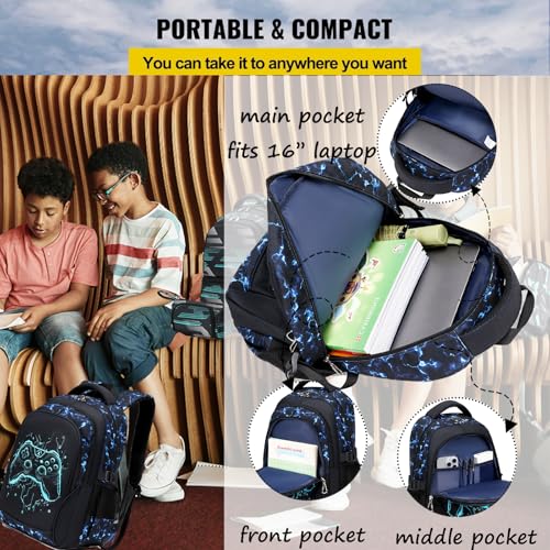 Jumpopack Gamer Boys Backpack Luminous School Backpacks for Boys Elementary School Bag Bookbag Kids Backpack with Lunch Box,Luminous Gamer Print - color: Luminous Gamer