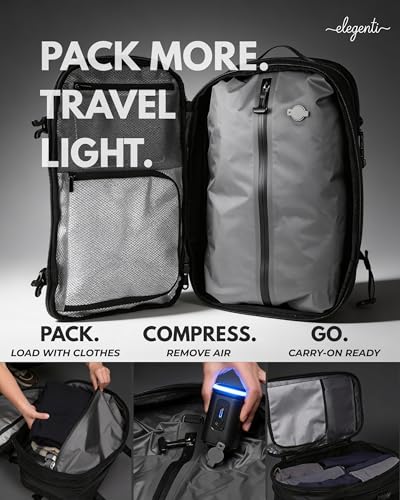 Expandable Vacuum Travel Backpack with Compression System & Pump | 60L Carry On Backpack with TSA Lock, Laptop Sleeve & Water Resistant Shell | Black