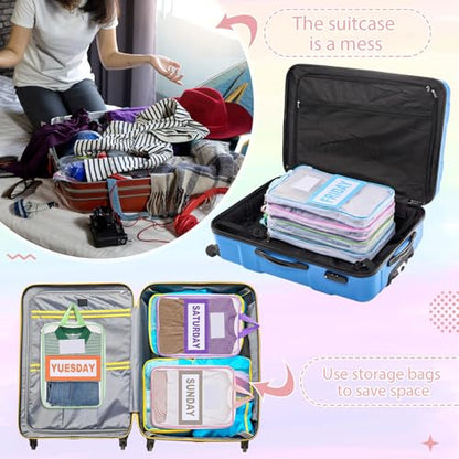 7 Pack Packing Cubes for Travel, Days of Week Outfit Organizers with Weekly Stickers, Mesh Bags for Camp Suitcase