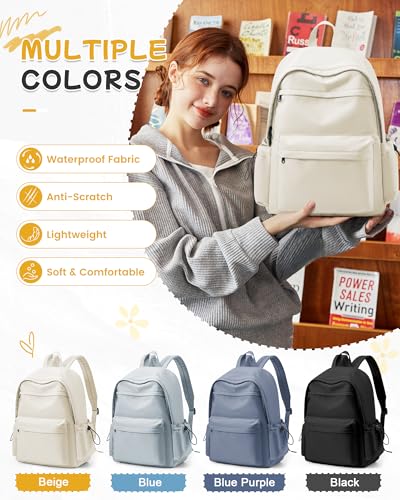 BJLFS Beige School Backpack for Girls Women Waterproof High School Book Bag Cute Backpack for Men Teens Boys, Lightweight Simple Middle School Back Pack Daypack - color: Beige