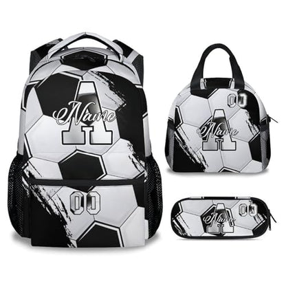 Mercuryelf Kids Backpack Set for Boys - Custom Kids Monogram Soccer Backpacks with Lunch Box for Player/School/Primary - color: Black