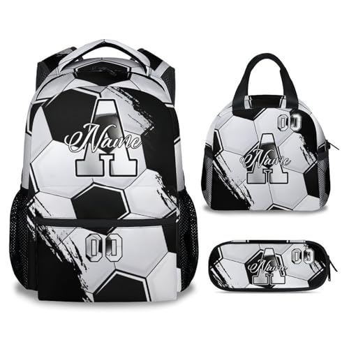 Mercuryelf Kids Backpack Set for Boys - Custom Kids Monogram Soccer Backpacks with Lunch Box for Player/School/Primary - color: Black
