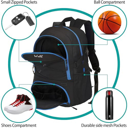 WOLT Basketball Backpack Large Sports Bag with Separate Ball Holder & Shoes Compartment, Best for Basketball, Soccer,Gym - color: Zipper Blue