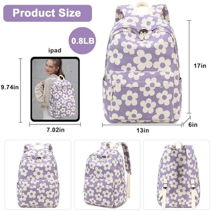 Bluboon School Backpack Set Girls Womens Laptop Bookbag Casual Daypack Fits 15 inch Laptop with Lunch Tote Bag and Pencil Bag - color: Beige Floral / Purple Base