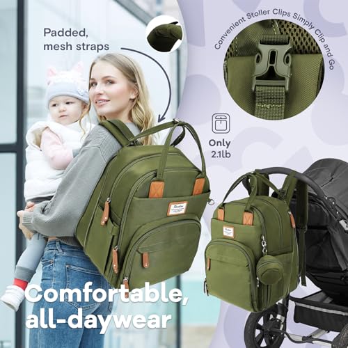 RUVALINO Diaper Bag Backpack-Expandable Baby Bag with up to 50% Capacity -Baby Essentials Bag with Changing Pad Insulated Bottle Holders & Pacifier Case, Waterproof, Army Green XL - color: Army Green