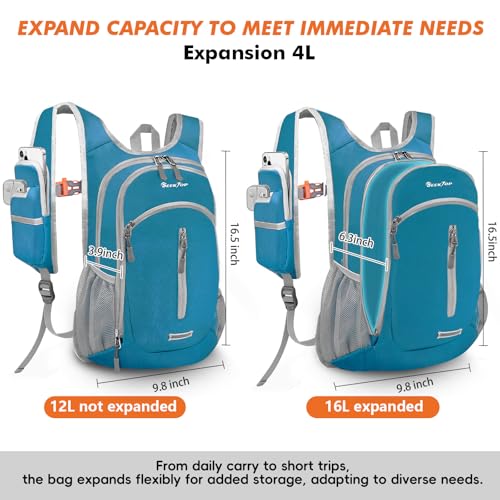 Seektop Small Hiking Backpack Expandable 12L-15L, Lightweight Packable Waterproof Daypack with Phone Pocket for Women Men - color: Peacock Green