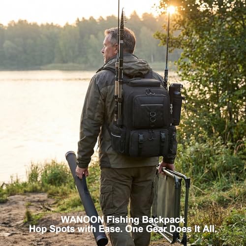WANOON 45L Fishing Backpack | Waterproof, Insulated Bait Pocket, 4 Rod Holders, Easy-to-Clean Cooler Liner - color: Black, size: 45L-Without Tackle Boxes