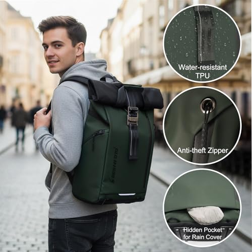 Besnfoto Camera Backpack, Waterproof Travel Camera Bag for Photographer Expandable Roll Top Photography Case for DSLR SLR Mirrorless Camera Fit up to 15.6 inch Laptop with Rain Cover - color: Green Ii