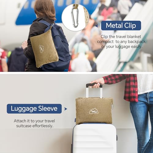 BEDELITE Travel Blanket with Bag, Ultra-Soft Jacquard Fleece Blanket with Luggage Sleeve & Backpack Clip, Airplane Blanket Travel Essentials, Camel - color: Camel