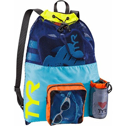 TYR Big Mesh Mummy Backpack for Swim, Gym and Workout Gear, Black, 40-Liter Capacity - color: Blue/Yellow