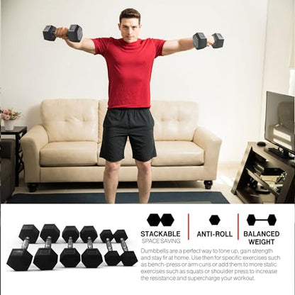 HolaHatha 2-Pack Hexagonal Rubber Dumbbell Weights Set, Home Gym Equipment, 40 Lbs, Black - Portable Weighted Exercise Dumbbells for Fitness, Training, and Lifting Workouts
