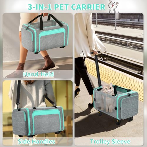 Rolling Pet Carrier with Detachable Wheels - 18x11x11 TSA Airline Approved for Southwest Delta United American, Soft Sided Expandable Travel Bag for Small Dogs & Cats up to 15Lbs, Fits Under Seat - color: Green